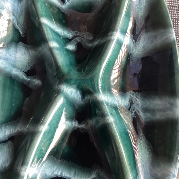 VINTAGE LARGE SIZE OVAL GLAZED POTTERY DIVIDED SERVING DISH WITH HANDLES - Picture 3 of 8